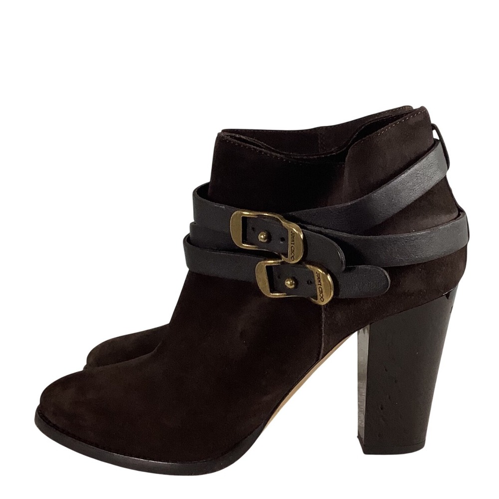 Jimmy Choo Brown Suede Leather Buckle Wrap Ankle Boots Block Heel 40